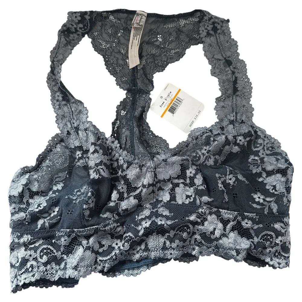 Free People Wild Roses Lace Racerback Bralette Bra Small‎ NWT Grey Combo